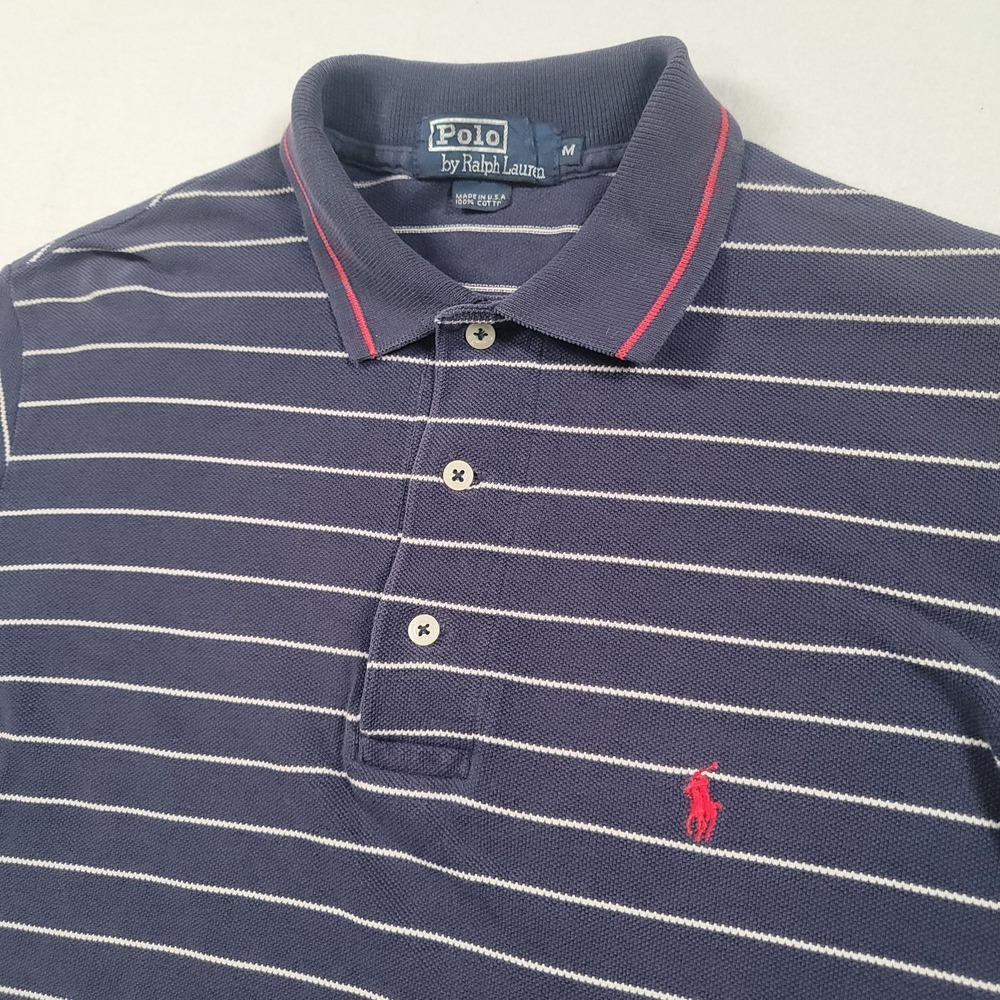 Polo Ralph‎ Lauren Men Vintage Polo Shirt M Navy Striped Cotton Made In USA